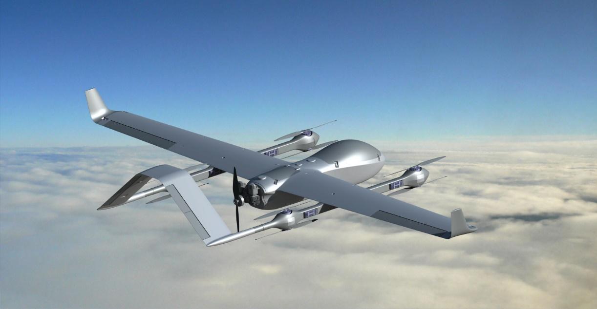 Advanced UAV drone in flight over emergency scenario